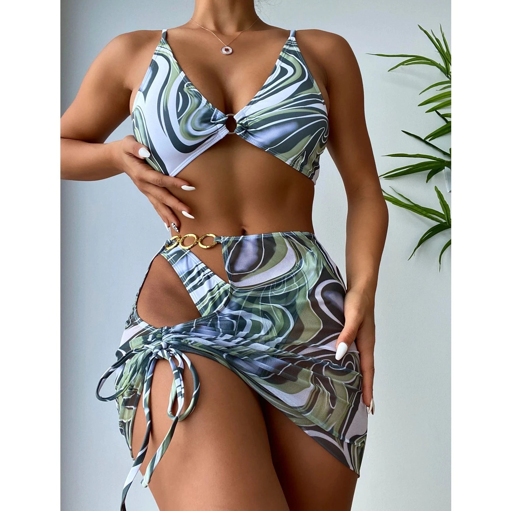 3 Piece Green Printed Beachwear - Verostyle