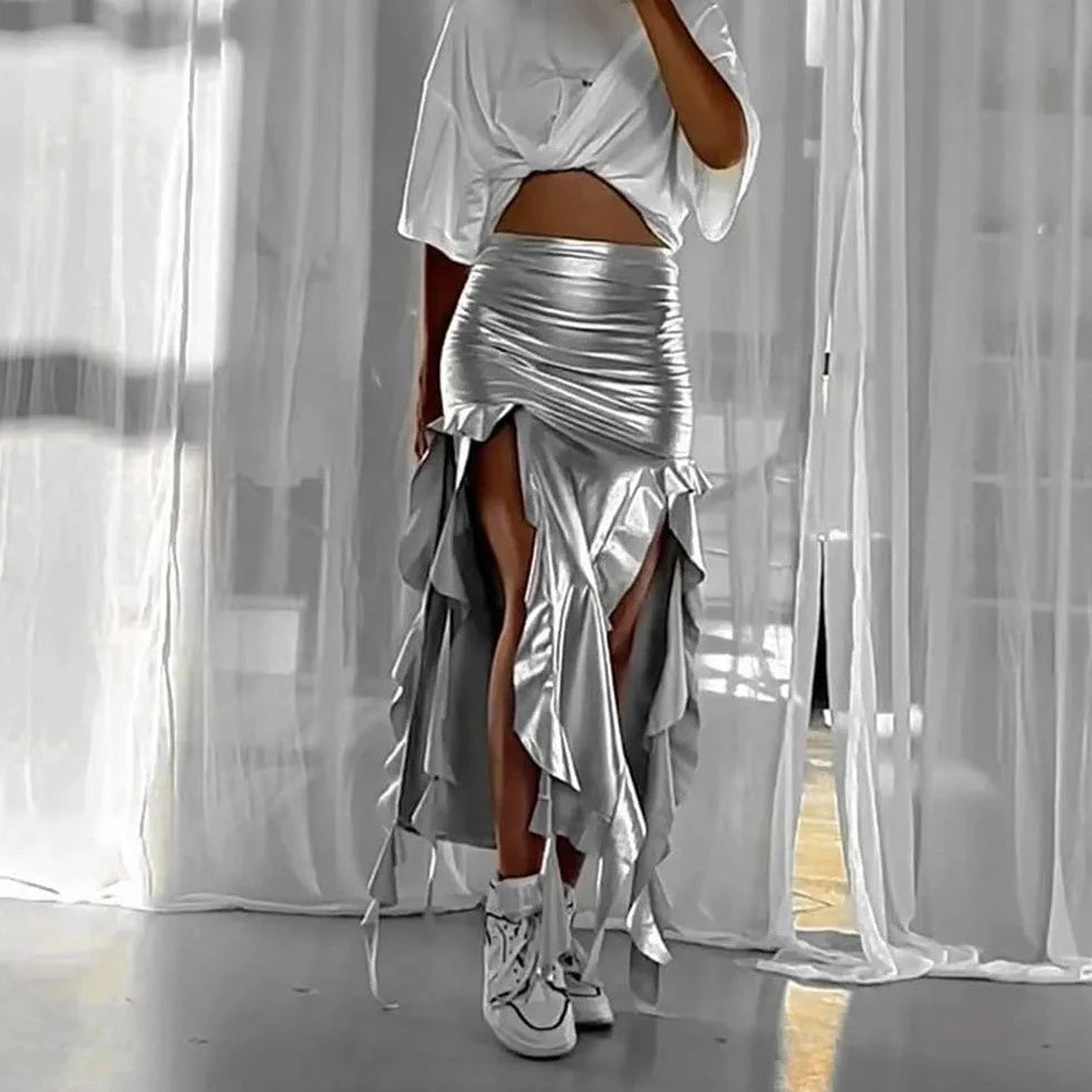 Metallic Casual Ruffle Skirt Verostyle