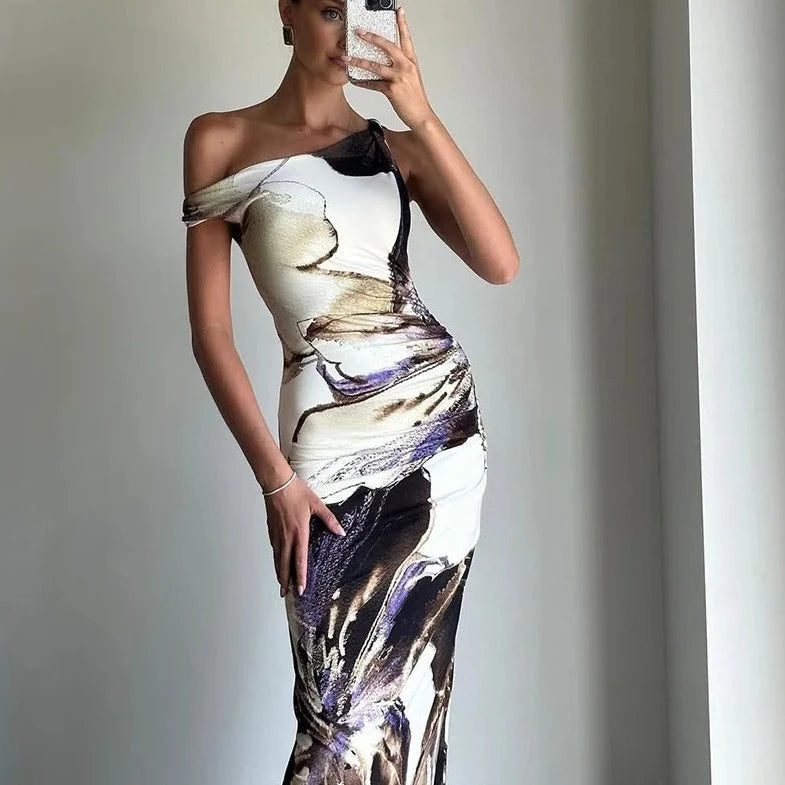 Printed Off Shoulder Sleeveless Maxi Dress - Verostyle