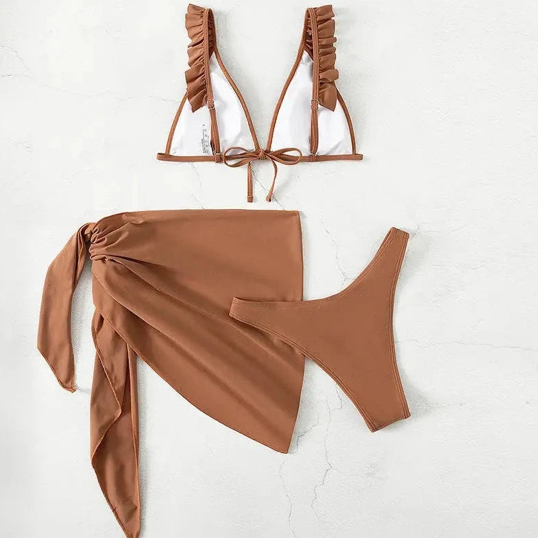 3 Piece Ruffle Hight Waist Beachwear - Verostyle