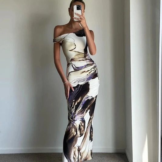 Printed Off Shoulder Sleeveless Maxi Dress - Verostyle