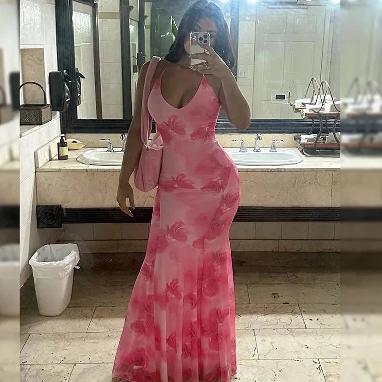 Pink Printed Sleeveless Maxi Dress - Verostyle