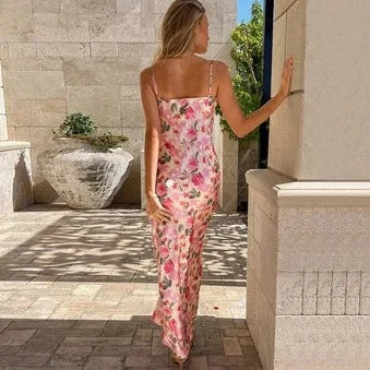 Satin Floral Print Bodycon Long Dresses