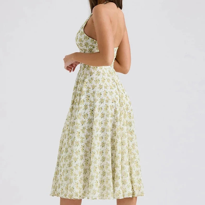 Floral Print Halter Backless Dresses 