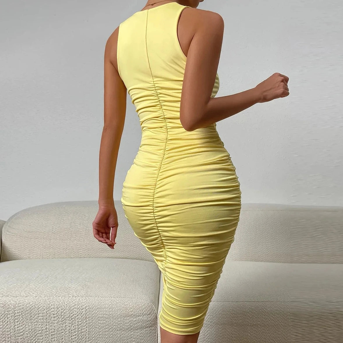 Casual Ruched Bodycon Midi Dress - Verostyle