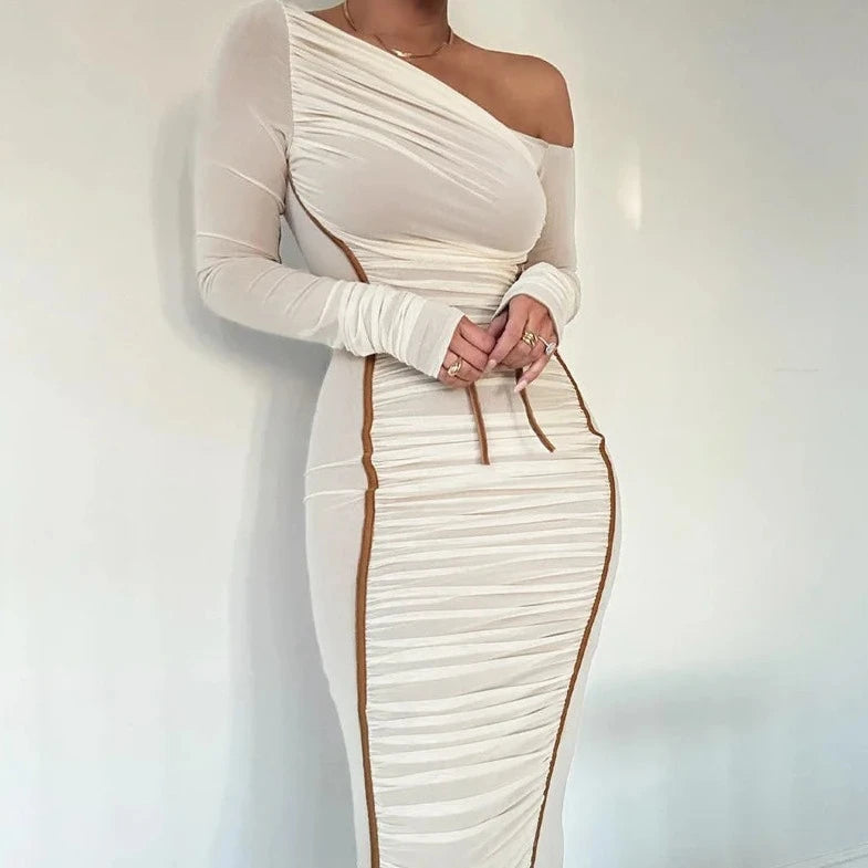 Long Sleeve One Shoulder Off Bodycon Dress - Verostyle