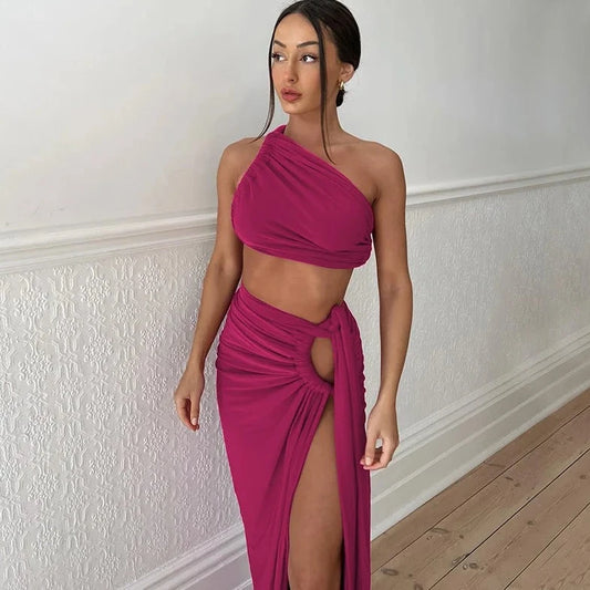 One Shoulder Crop Top And Slit Skirt - Verostyle