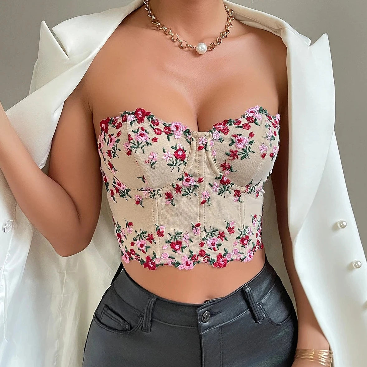 Floral Embroidery Corset Top - Verostyle