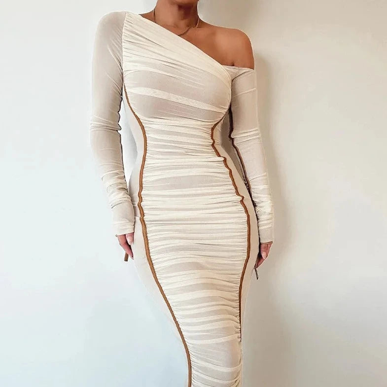 Long Sleeve One Shoulder Off Bodycon Dress - Verostyle