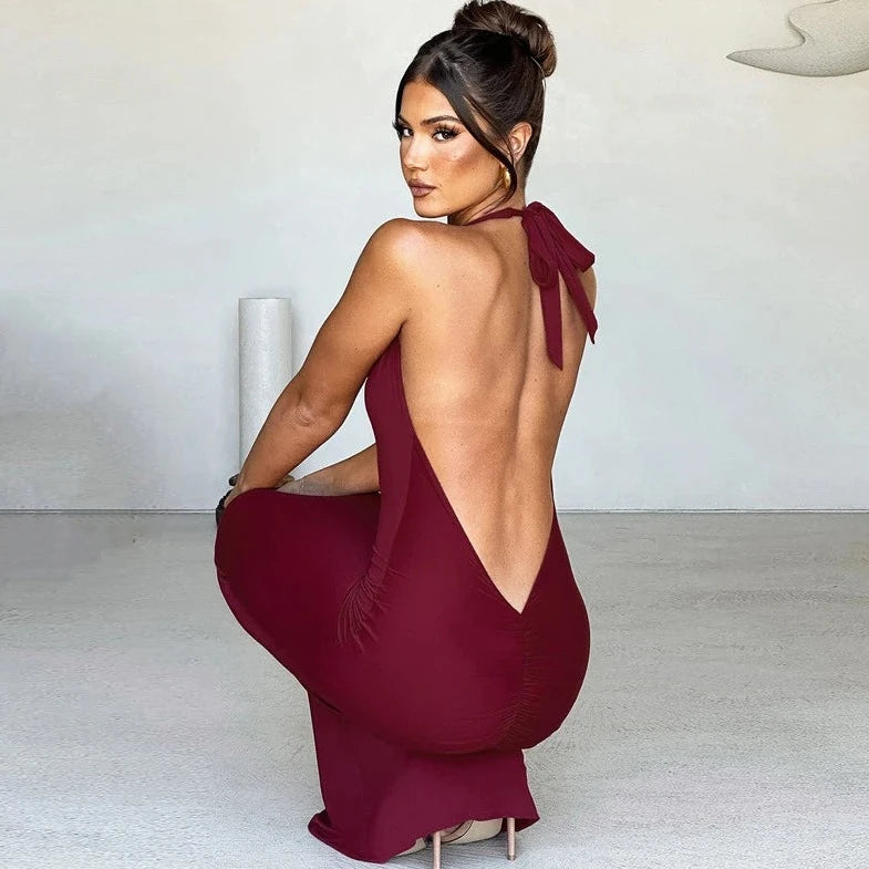 Halter Deep V Sexy Ruched Backless Dresses