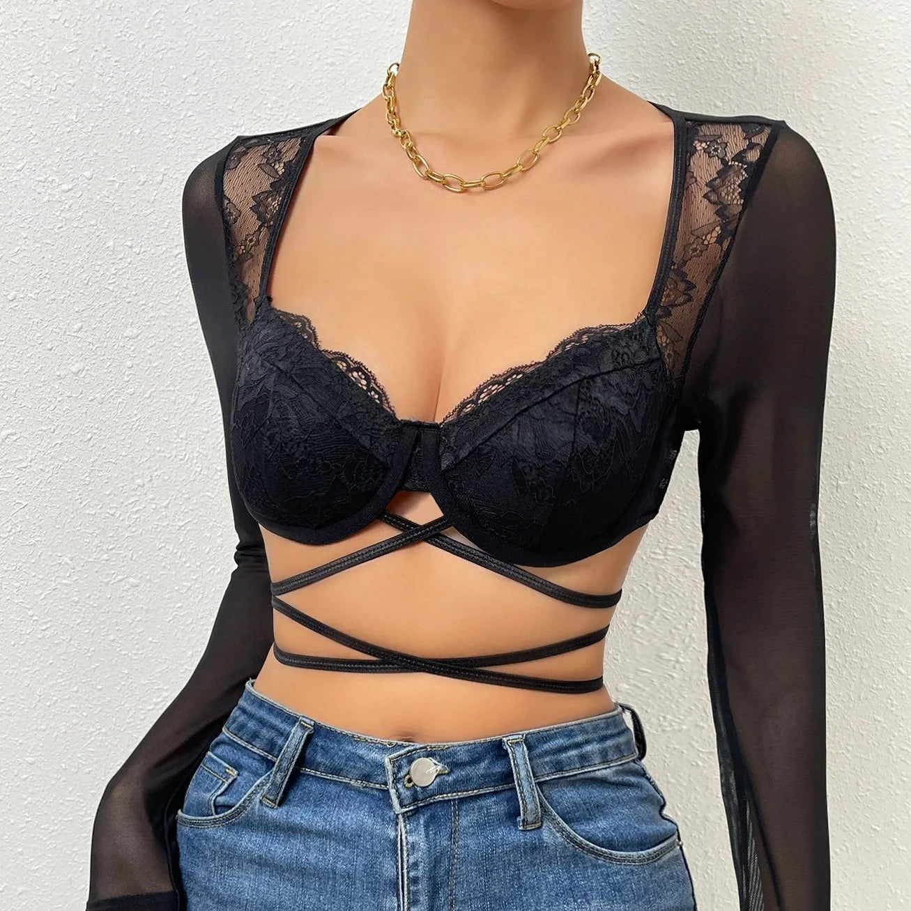 Lace up Semi Sheer Crop Top - Verostyle