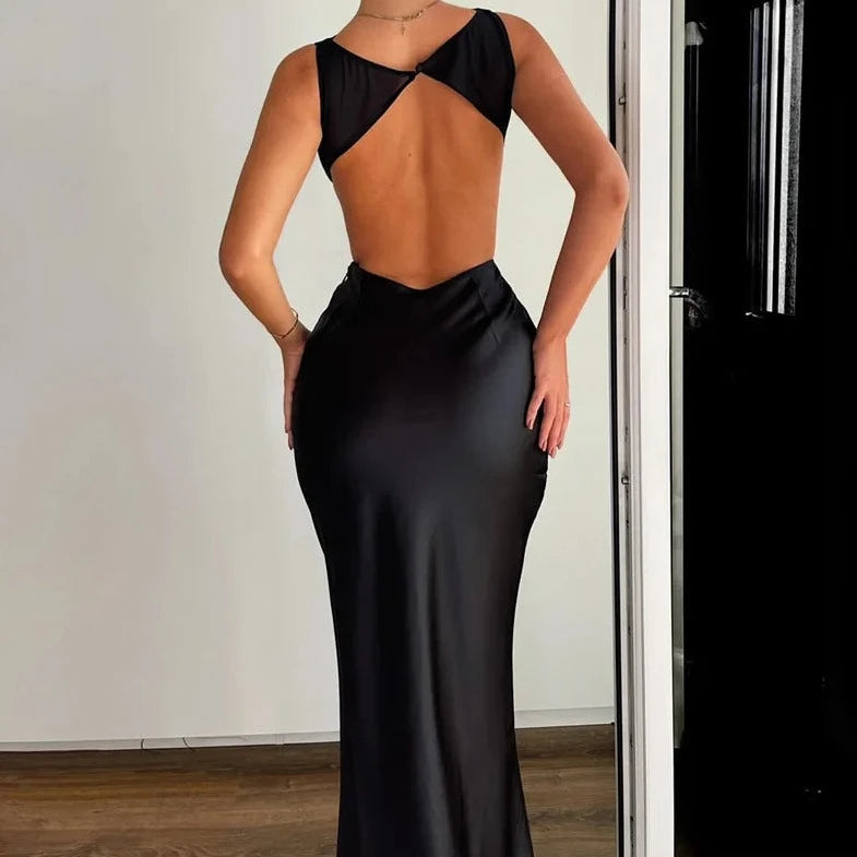 Backless Sleeveless Satin Dress - Verostyle