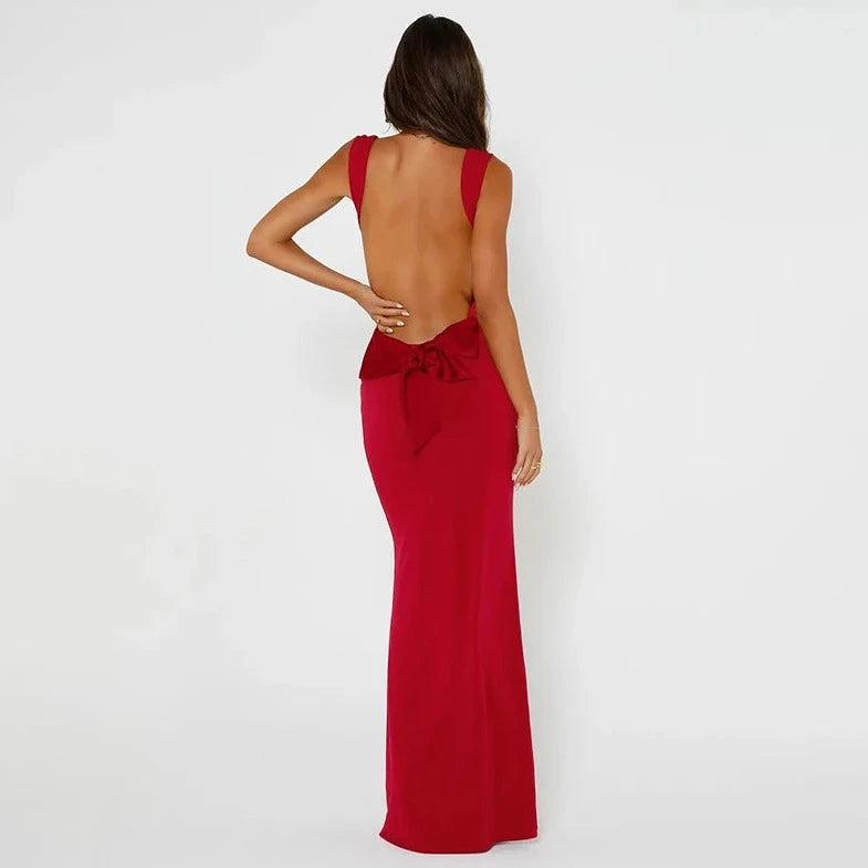 Bow With Backless Maxi Dress - Verostyle