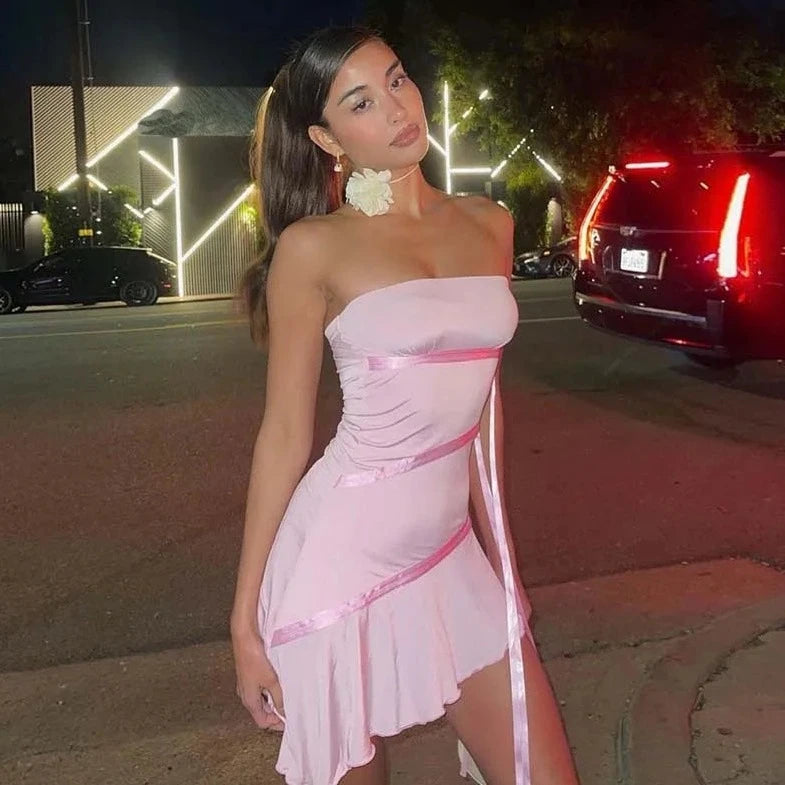 Casual Pink Tube Mini Dress - Verostyle