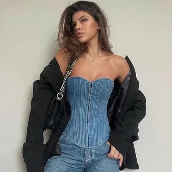 Heart Neck Denim Tube Corset Top - Verostyle