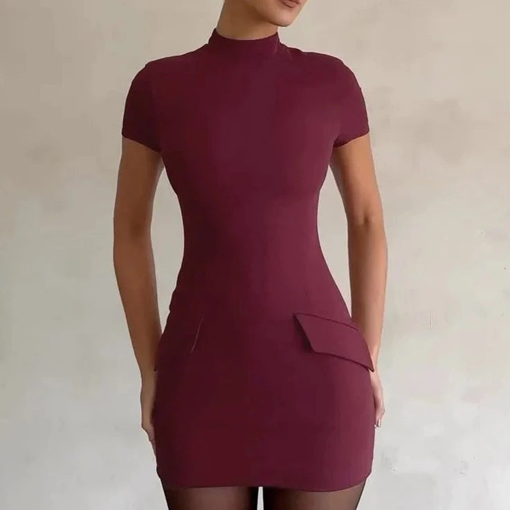 Short Sleeve Turtle Neck Bodycon Dress - Verostyle