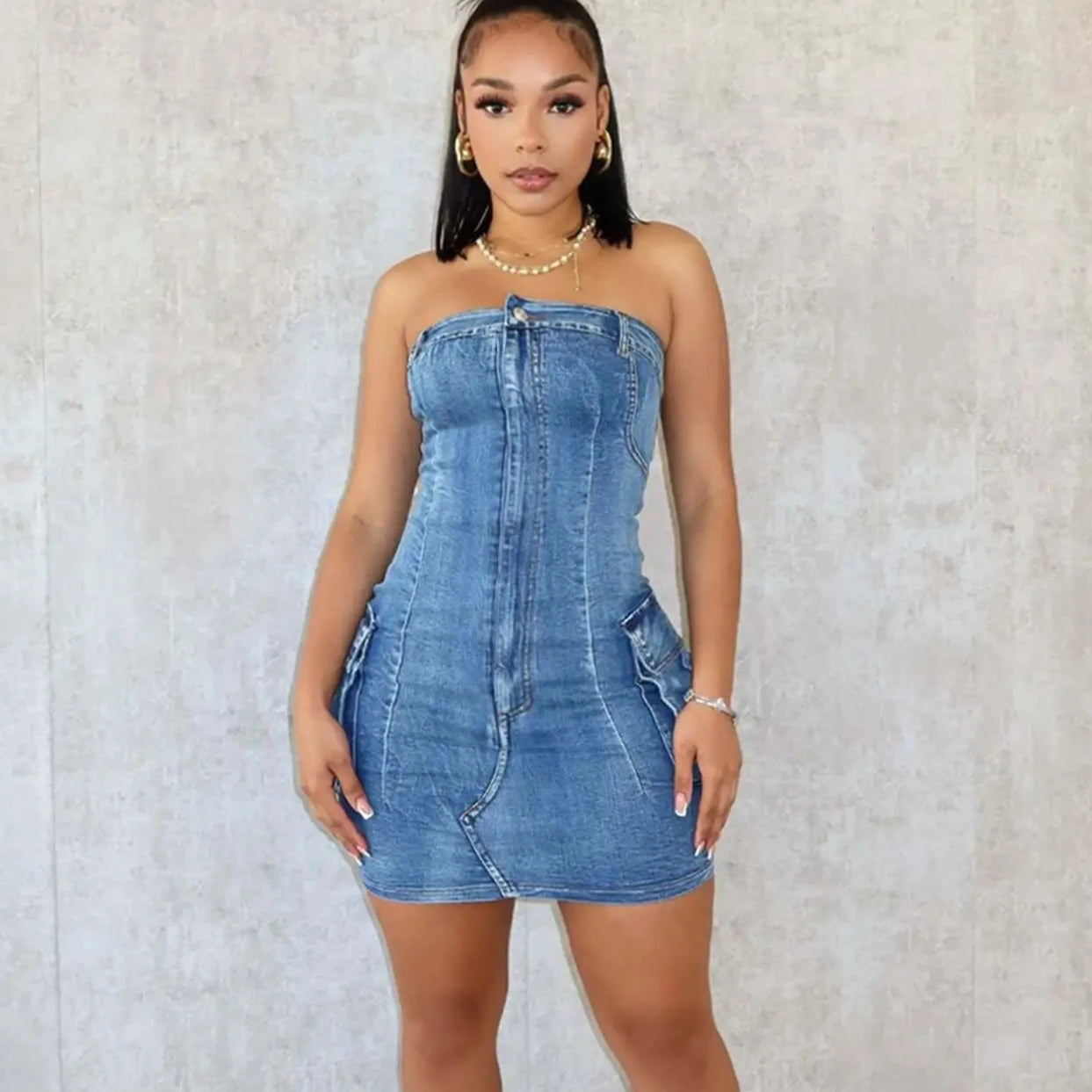 Tube Side Pocket Denim Mini Dress - Verostyle