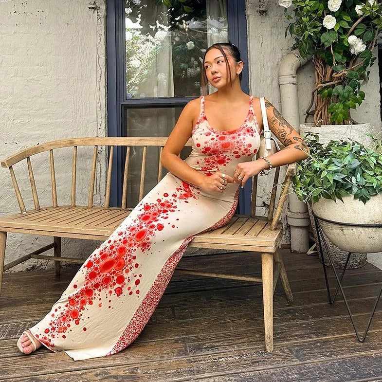 Red Dots Sleeveless Maxi long Dress - Verostyle