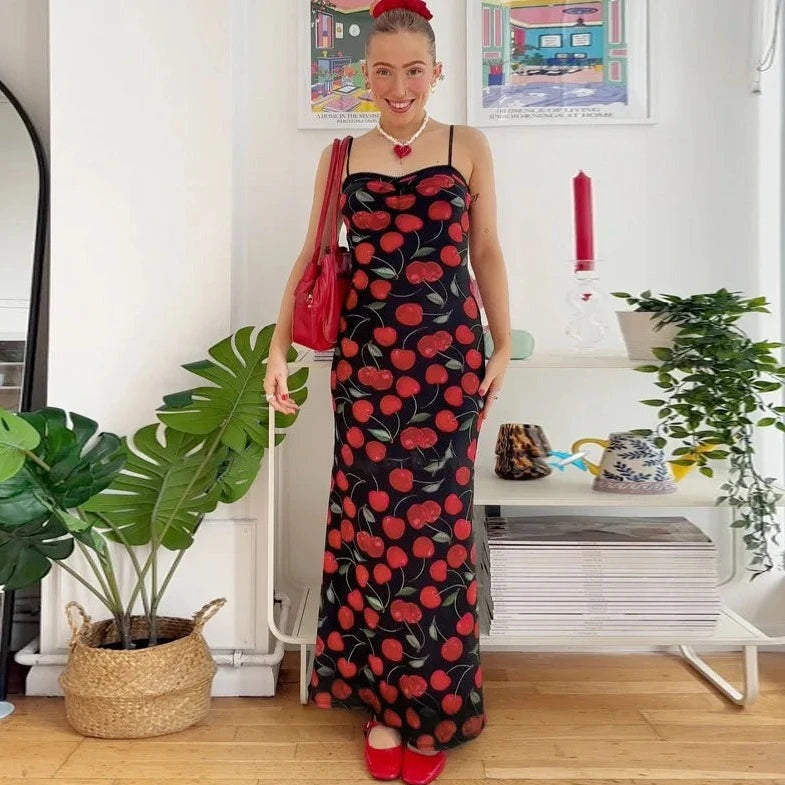 Cherry Print Spaghetti Strap Long Dresses