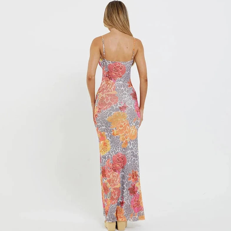 Leopard Floral Print Sleeveless Bodycon Long Dresses