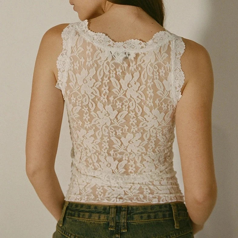 Sleeveless Lace Patch Work Crop Top - Verostyle