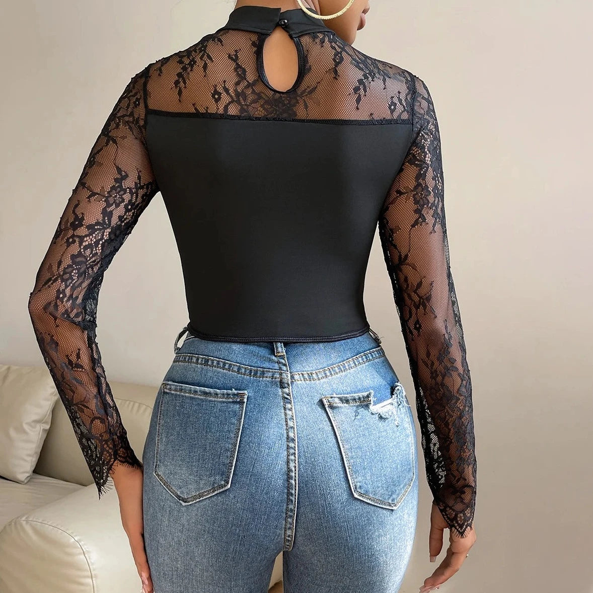 Lace See- Through Crop Top - Verostyle