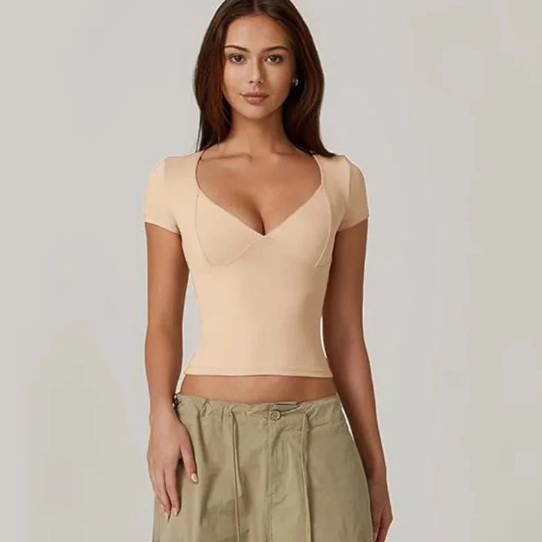 Short Sleeve V-Neck Crop Top - Verostyle