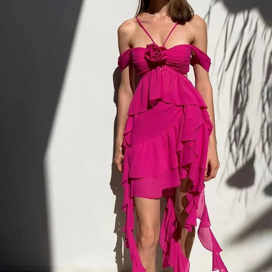 Pink Flowered  Ruffle Tie up Dress - Verostyle