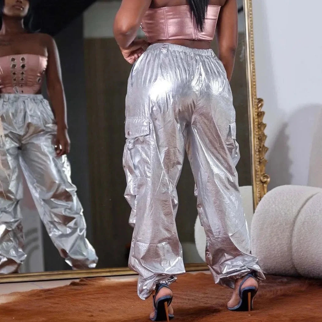 Casual Metallic Loose Trousers - Verostyle