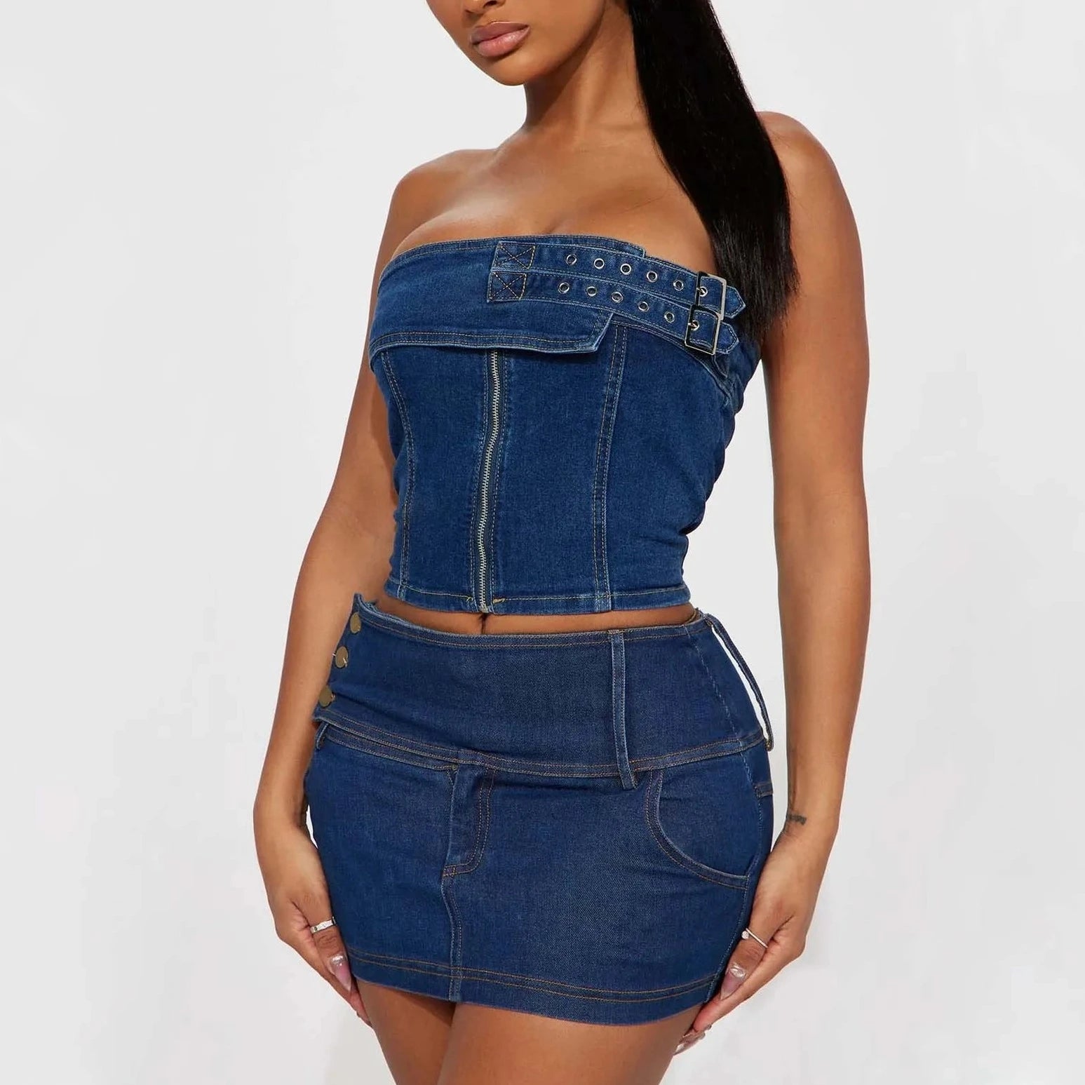 Denim Tube Top And Mini Skirt - Verostyle