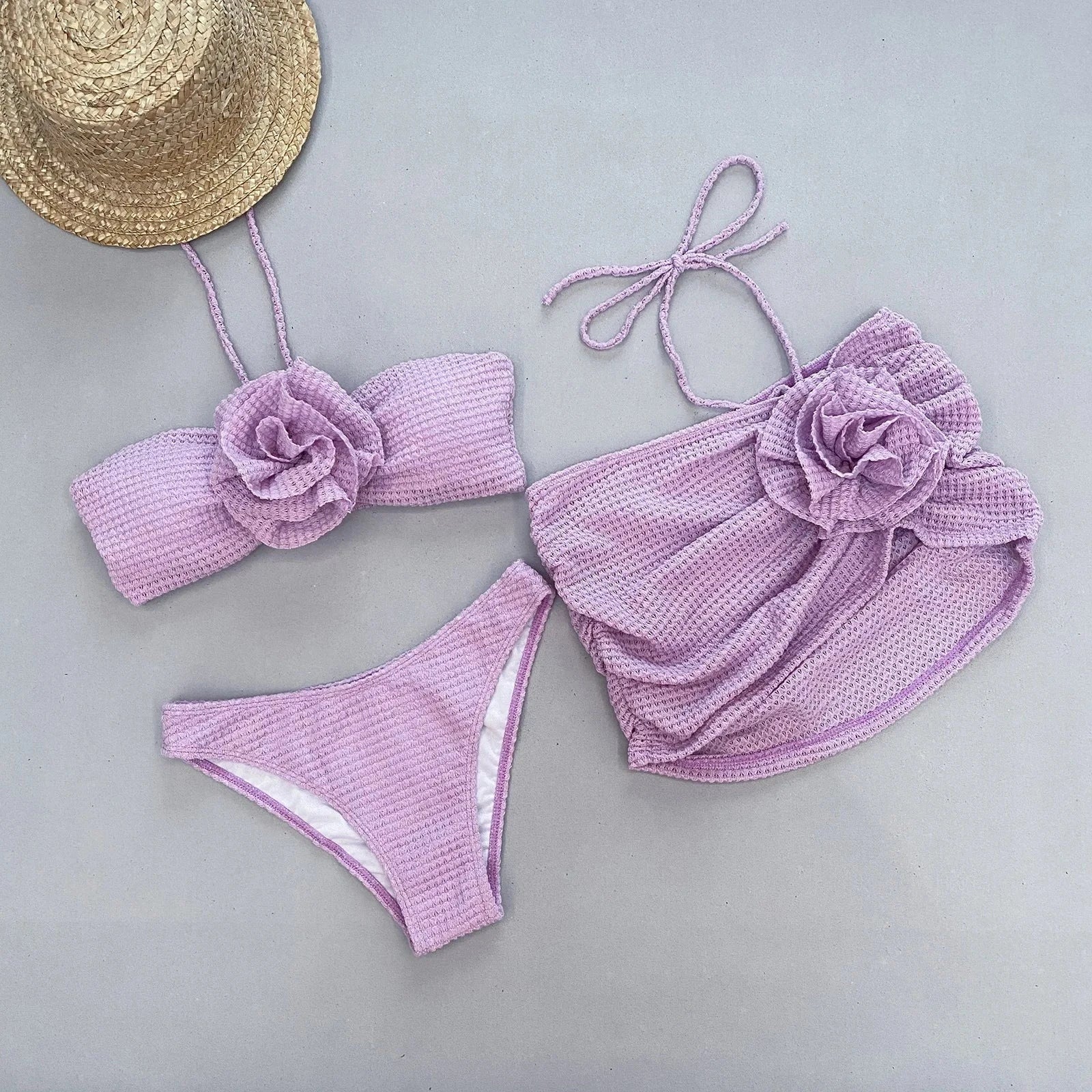 3 Piece With Flower Bikini Beachwear - Verostyle