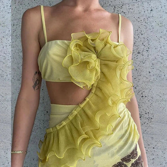 Abstract Backless Ruffle Tank Top - Verostyle