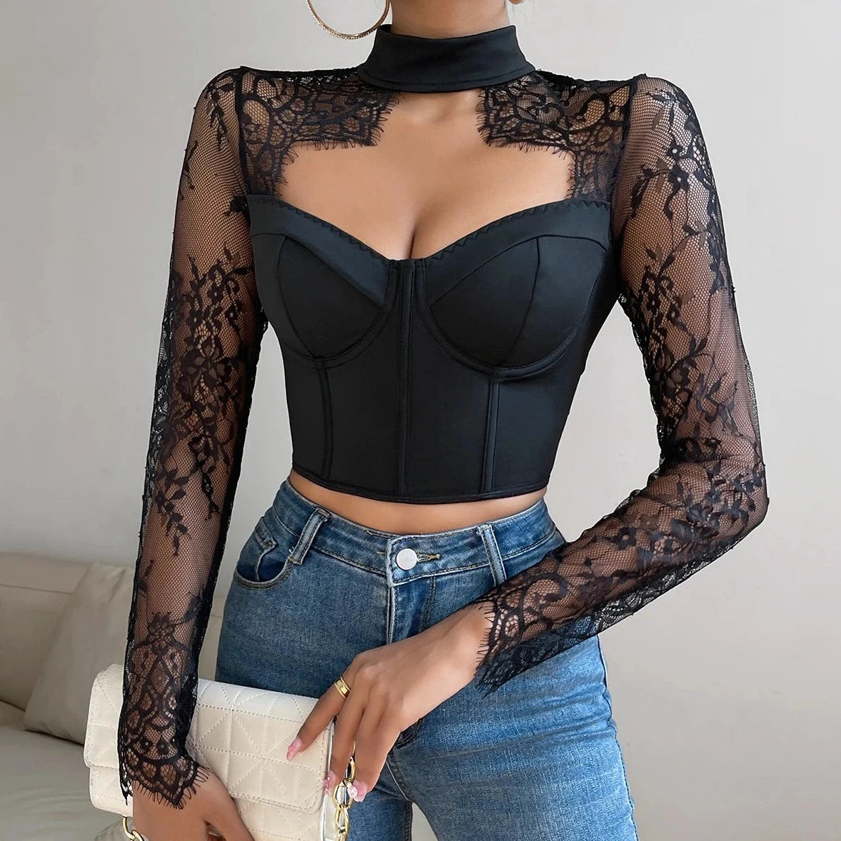 Lace See- Through Crop Top - Verostyle