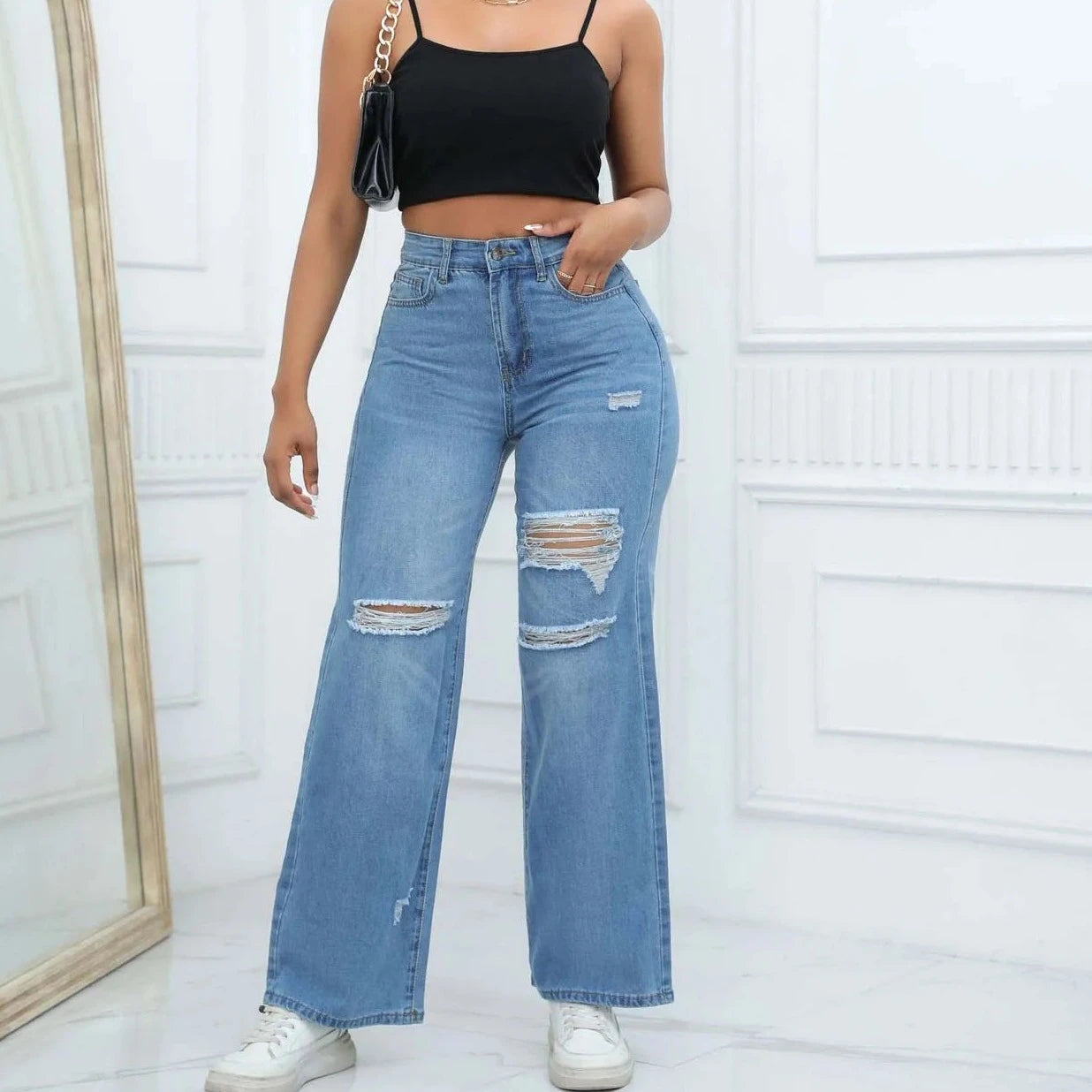 Casual Cut Out Wide Legged Jeans - Verostyle