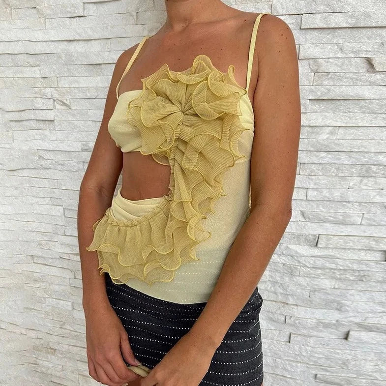 Abstract Backless Ruffle Tank Top - Verostyle