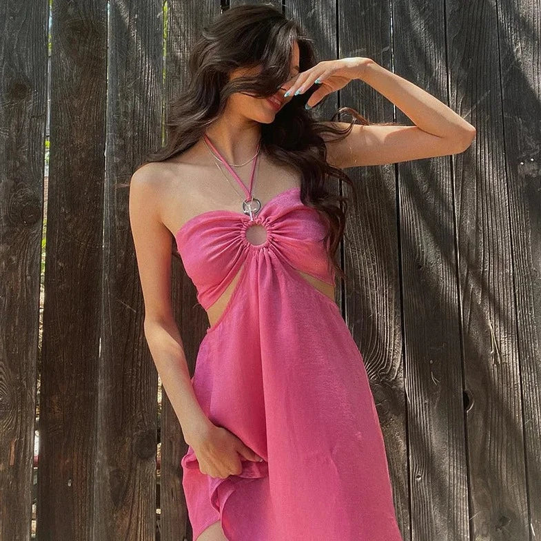 Pink Halter Neck Backless Mini Dress - Verostyle