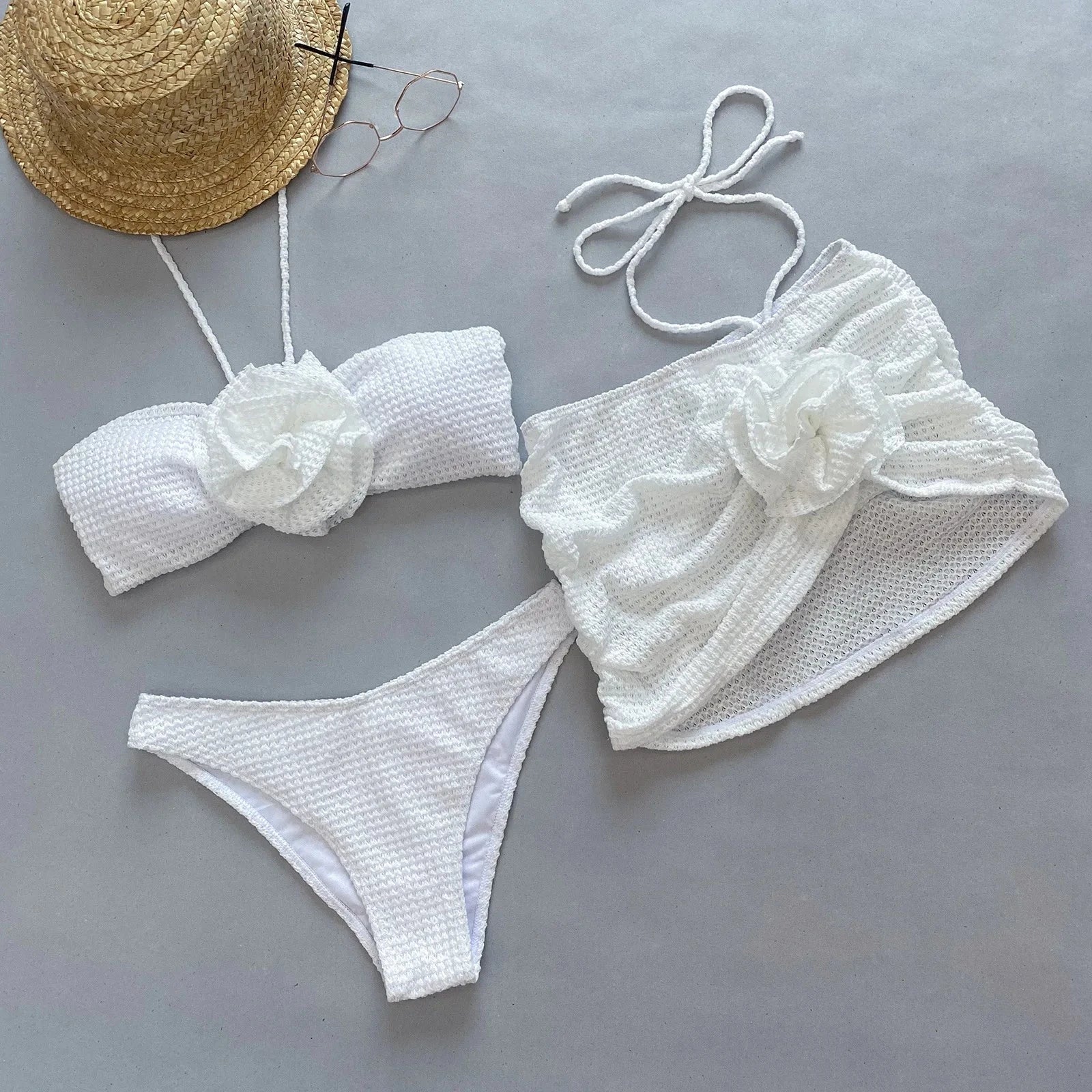 3 Piece With Flower Bikini Beachwear - Verostyle