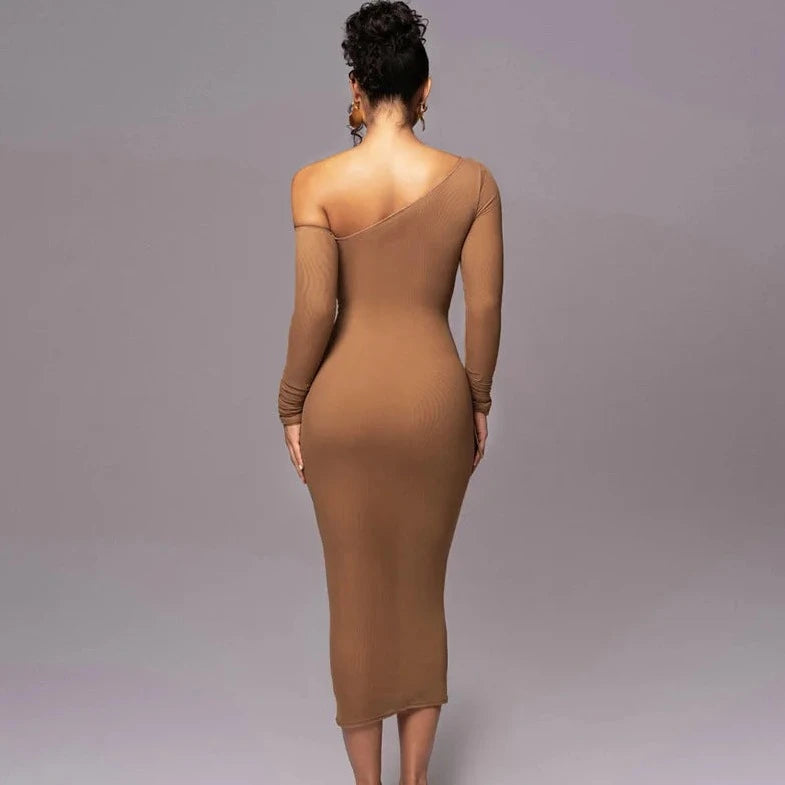 Long Sleeve One Shoulder Off Bodycon Dress - Verostyle