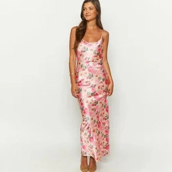 Satin Floral Print Bodycon Long Dresses