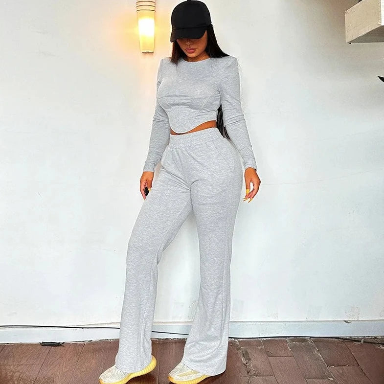 Long Sleeve Crop Top And Pants - Verostyle