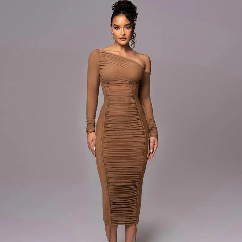 Long Sleeve One Shoulder Off Bodycon Dress - Verostyle