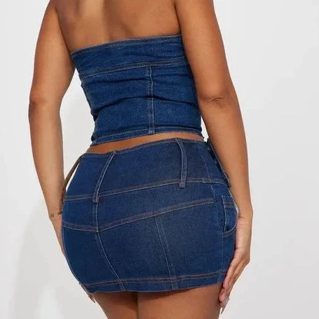 Denim Tube Top And Mini Skirt - Verostyle