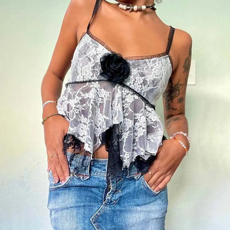 Lace Ruffle Flowered Crop Top - Verostyle