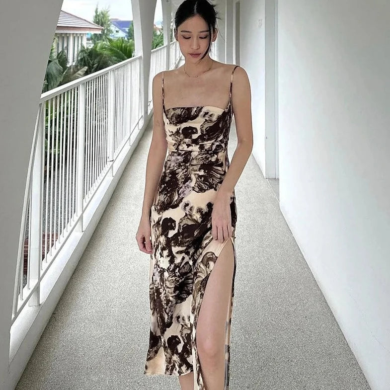 Printed Sleeveless Side Slit Dress - Verostyle