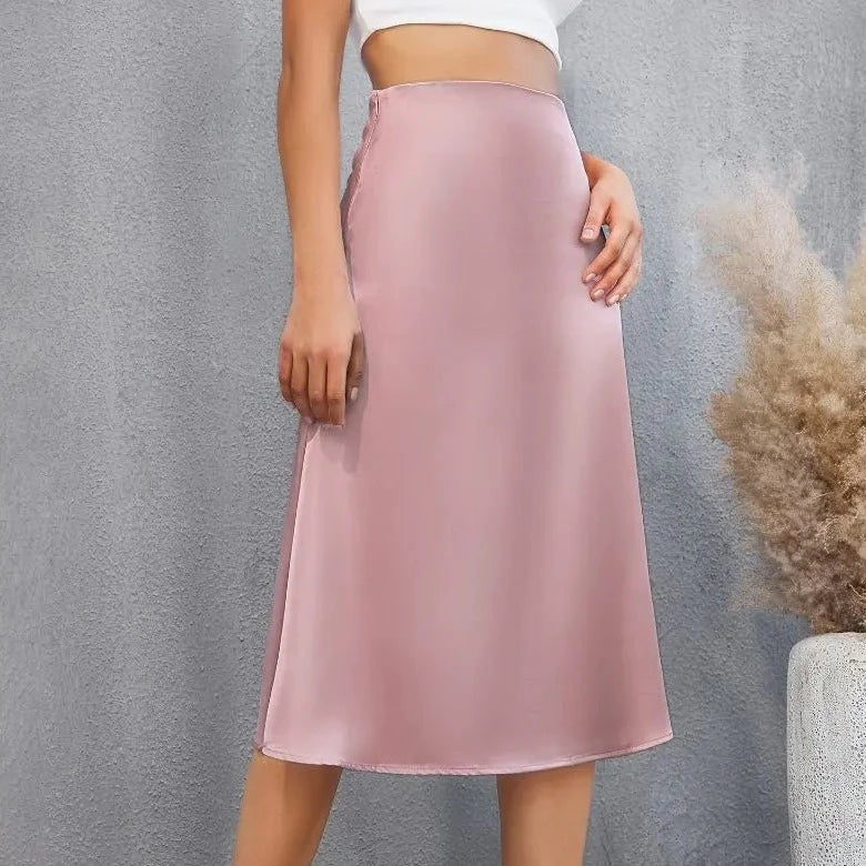 Elegant Pink Satin Midi Skirt - Verostyle