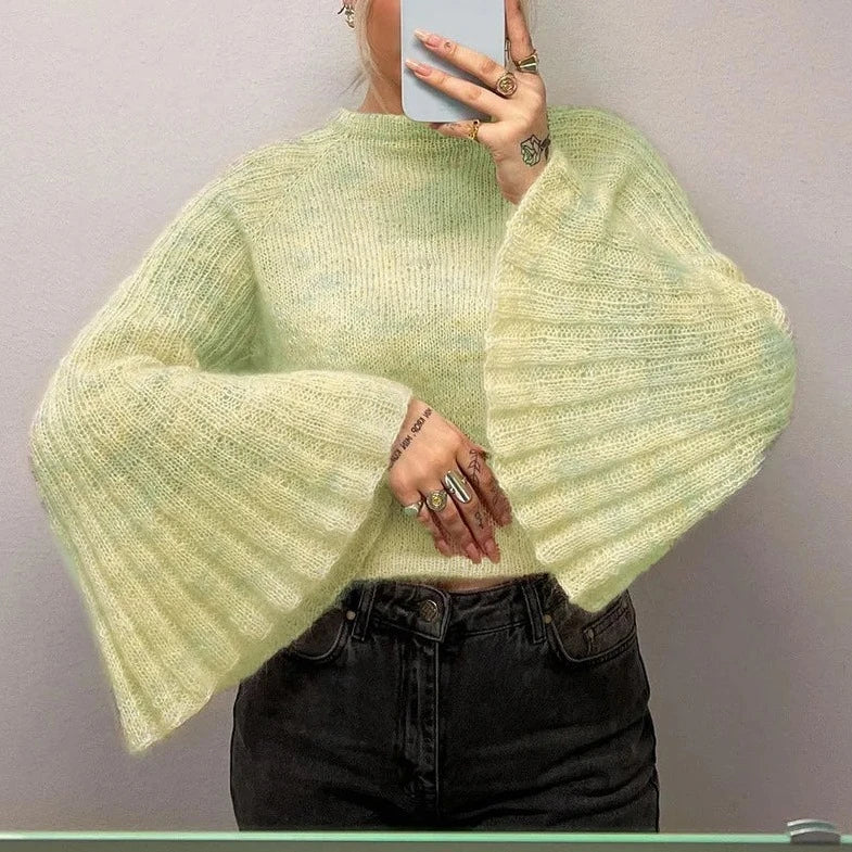 Flare Sleeve Winter Crop Sweater - Verostyle