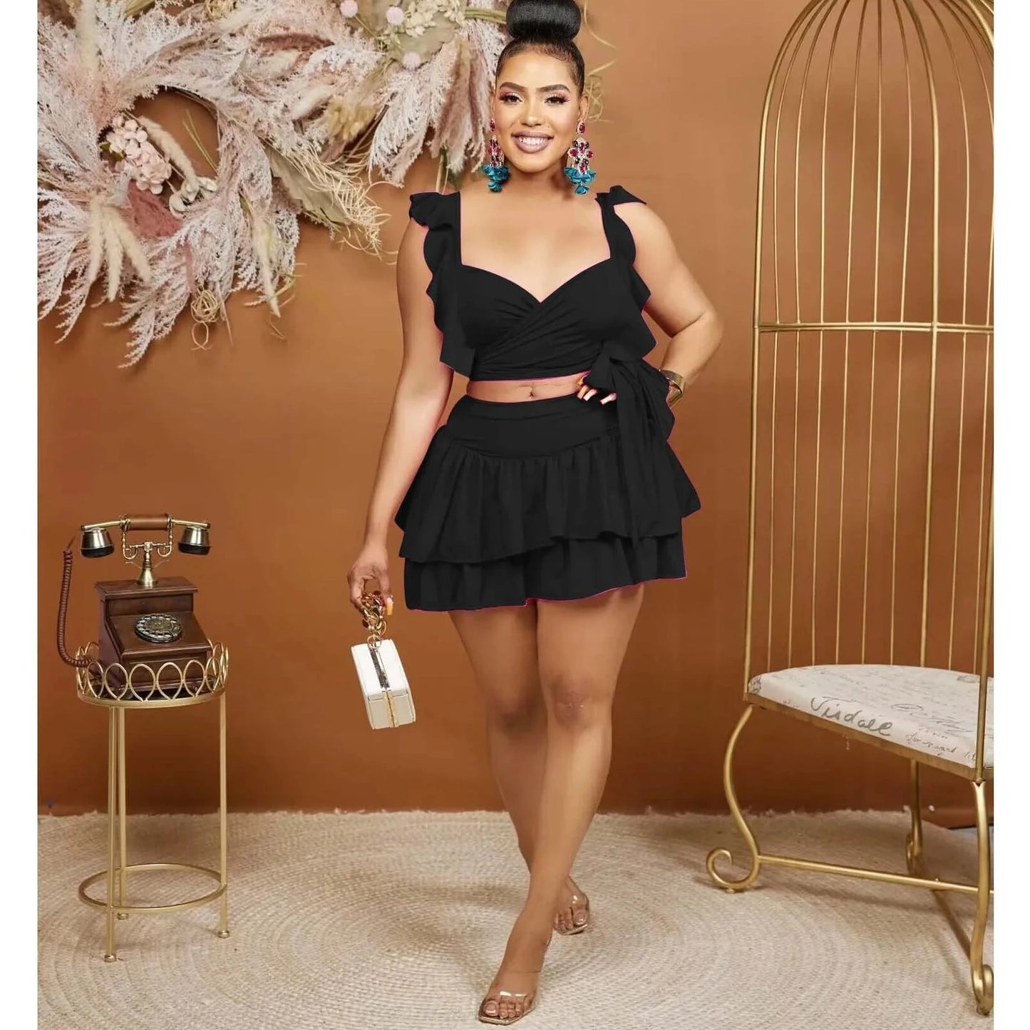 Beautiful Ruffle Crop Top And Mini Skirt - Verostyle