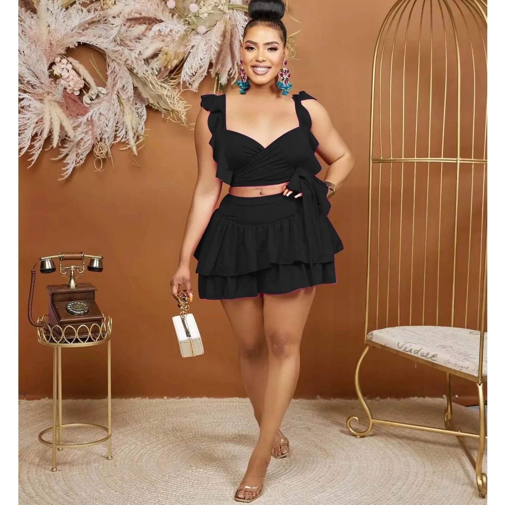 Beautiful Ruffle Crop Top And Mini Skirt - Verostyle