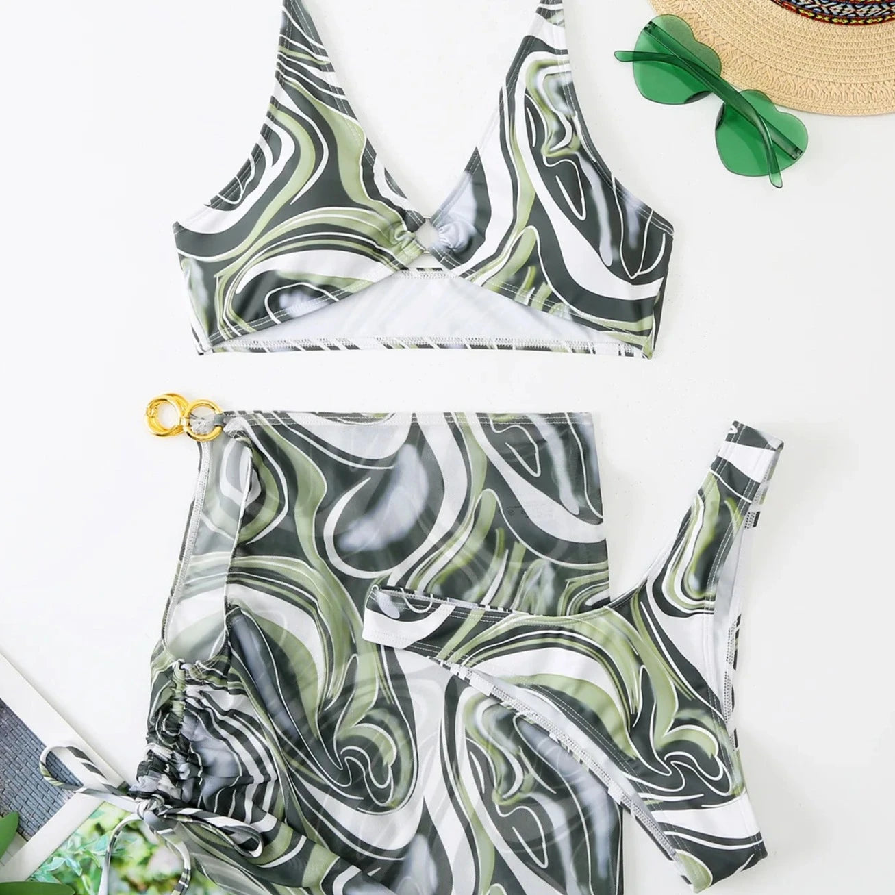 3 Piece Green Printed Beachwear - Verostyle