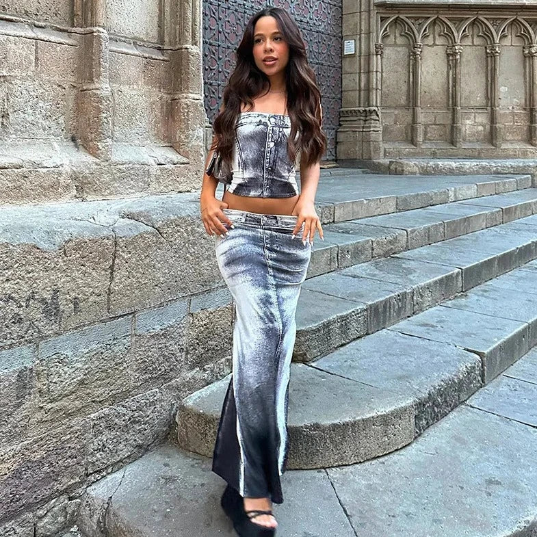 Denim Tube Top And Long Skirt - Verostyle